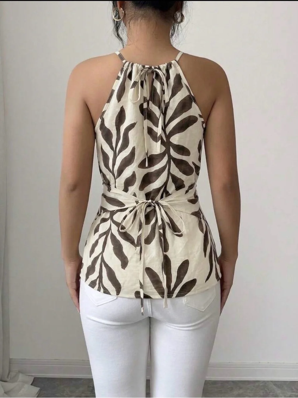 NWT Halter Neck Leaf Print Wrap Top in Cream and Dark Brown - Picture 2 of 4